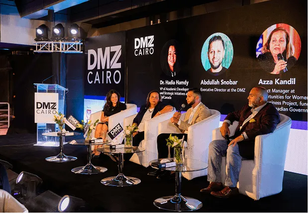 DMZ Cairo panel featuring international speakers and ecosystem leaders, showcasing DMZ’s growth across 15+ countries to support global founders.